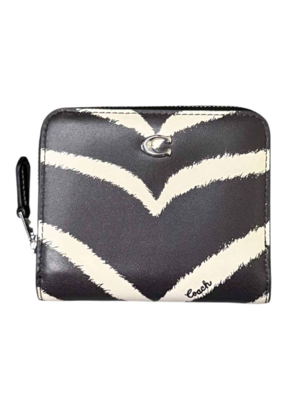 Women's Coach CM780 Zebra Print Billfold Wallet – Black/Cream Silver Hardware